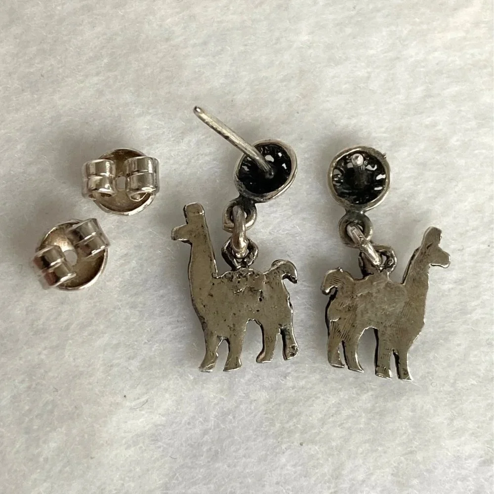 Sterling Silver 925 Southwest Style Llama Alpaca Lapis Dangle Drop Earrings